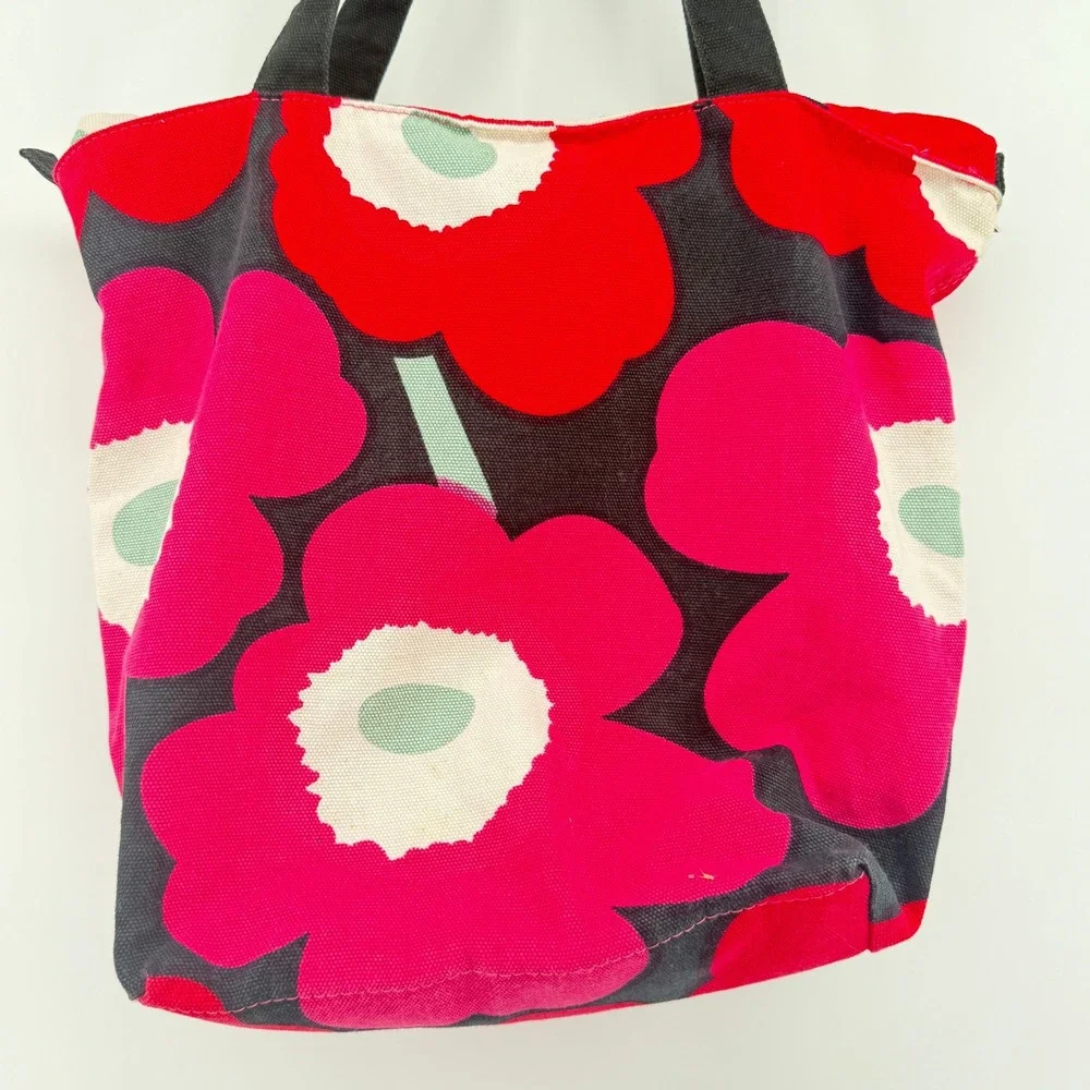 Marimekko Unikko Floral Tote Bag Womens Red Pink Canvas Zipper Shoulder Bag